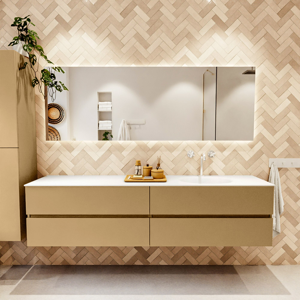 MONDIAZ VICA 200cm mueble de baño Oro 4 cajones. Lavabo MOON Derecho 1 orificio color Talc con espejo LED. 2 MONDIAZ VICA 200cm mueble de baño Oro 4 cajones. Lavabo MOON Derecho 1 orificio color Talc con espejo LED. - Imagen 2
