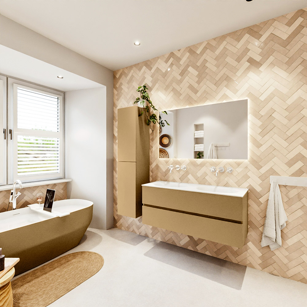 MONDIAZ VICA 120cm mueble de baño Oro 2 cajones. Lavabo MOON Doble sin orificio color Talc con espejo LED. 4 MONDIAZ VICA 120cm mueble de baño Oro 2 cajones. Lavabo MOON Doble sin orificio color Talc con espejo LED. - Imagen 4