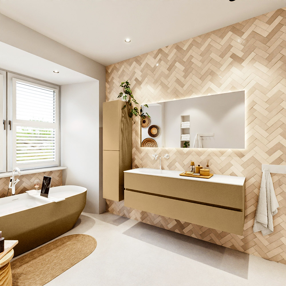 MONDIAZ VICA 150cm mueble de baño Oro 2 cajones. Lavabo MOON Izquierda 1 orificio color Talc con espejo LED. 4 MONDIAZ VICA 150cm mueble de baño Oro 2 cajones. Lavabo MOON Izquierda 1 orificio color Talc con espejo LED. - Imagen 4