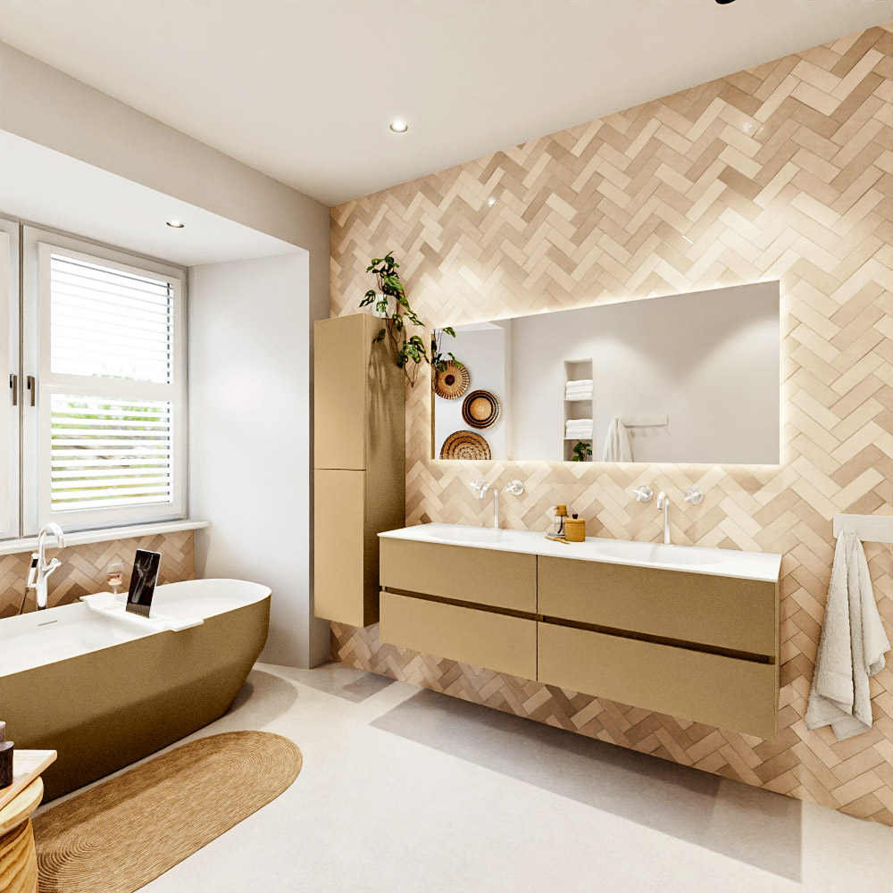 MONDIAZ VICA 160cm mueble de baño Oro 4 cajones. Lavabo MOON Doble 2 orificios color Talc con espejo LED. 4 MONDIAZ VICA 160cm mueble de baño Oro 4 cajones. Lavabo MOON Doble 2 orificios color Talc con espejo LED. - Imagen 4
