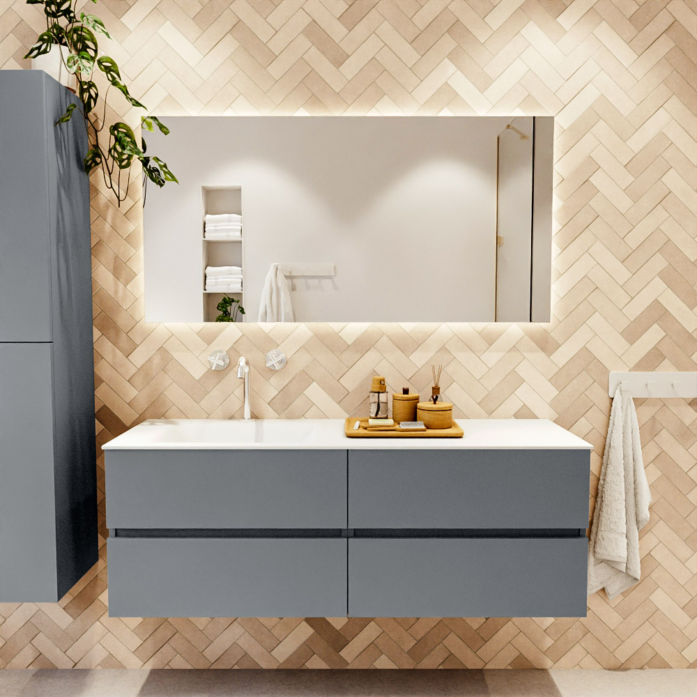 MONDIAZ VICA 140cm mueble de baño Plata 4 cajones. Lavabo CLOUD Izquierda 1 orificio color Talc con espejo LED. 2 MONDIAZ VICA 140cm mueble de baño Plata 4 cajones. Lavabo CLOUD Izquierda 1 orificio color Talc con espejo LED. - Imagen 2