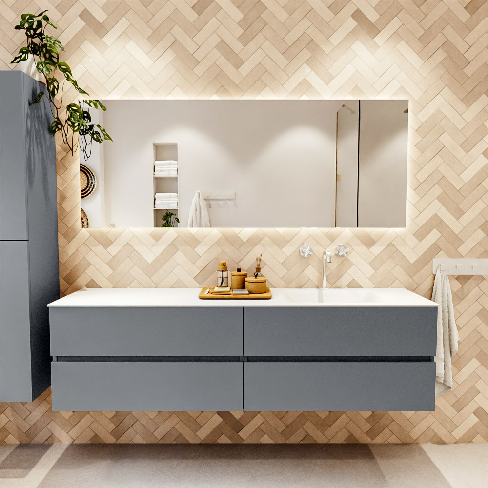 MONDIAZ VICA 180cm mueble de baño Plata 4 cajones. Lavabo CLOUD Derecho 1 orificio color Talc con espejo LED. 2 MONDIAZ VICA 180cm mueble de baño Plata 4 cajones. Lavabo CLOUD Derecho 1 orificio color Talc con espejo LED. - Imagen 2