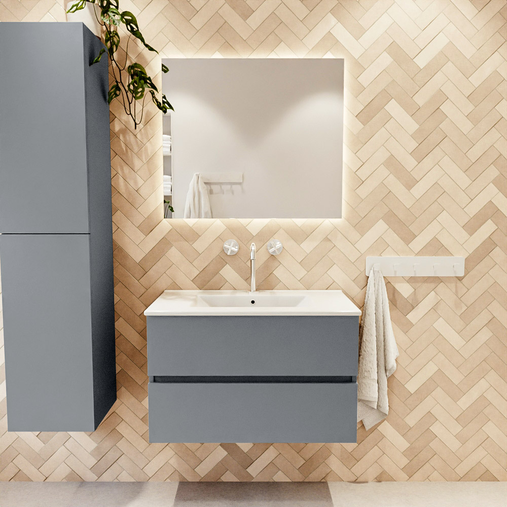 MONDIAZ VICA 80cm mueble de baño Plata 2 cajones. Lavabo DENIA Centro 1 orificio, color Blanco brillo. 2 color Blanco brillo.