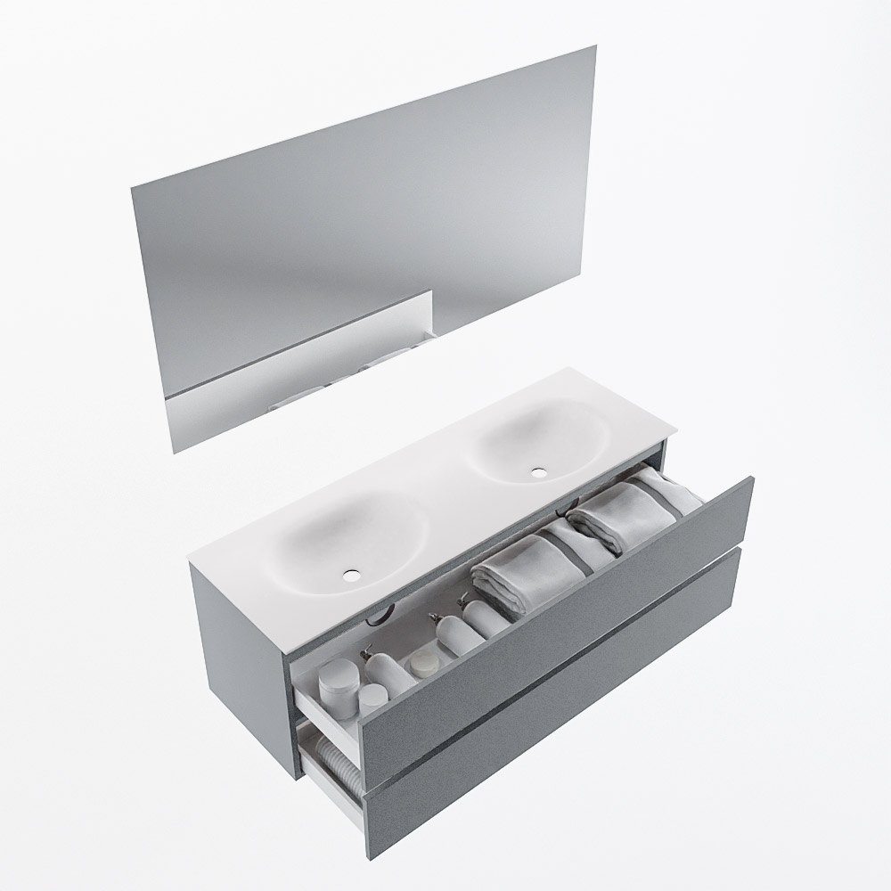 MONDIAZ VICA 140cm mueble de baño Plata 2 cajones. Lavabo MOON Doble sin orificio color Talc con espejo LED. 6 MONDIAZ VICA 140cm mueble de baño Plata 2 cajones. Lavabo MOON Doble sin orificio color Talc con espejo LED. - Imagen 7