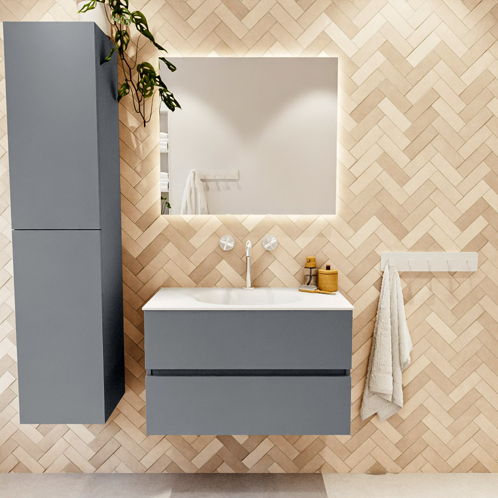 MONDIAZ VICA 80cm mueble de baño Plata 2 cajones. Lavabo MOON Centro 1 orificio color Talc con espejo LED. 2 MONDIAZ VICA 80cm mueble de baño Plata 2 cajones. Lavabo MOON Centro 1 orificio color Talc con espejo LED. - Imagen 2