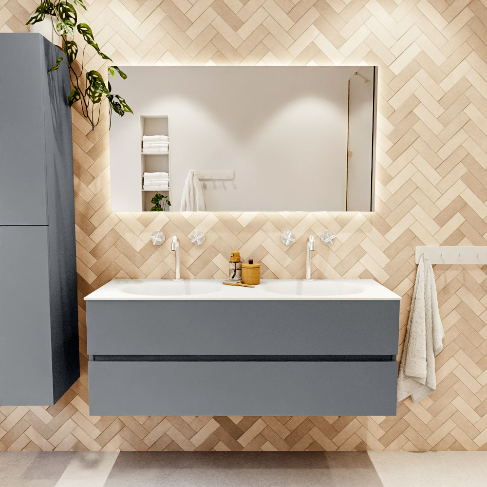 MONDIAZ VICA 130cm mueble de baño Plata 2 cajones. Lavabo MOON Doble 2 orificios color Talc con espejo LED. 2 MONDIAZ VICA 130cm mueble de baño Plata 2 cajones. Lavabo MOON Doble 2 orificios color Talc con espejo LED. - Imagen 2