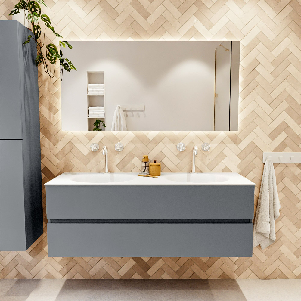 MONDIAZ VICA 140cm mueble de baño Plata 2 cajones. Lavabo MOON Doble 2 orificios color Talc con espejo LED. 2 MONDIAZ VICA 140cm mueble de baño Plata 2 cajones. Lavabo MOON Doble 2 orificios color Talc con espejo LED. - Imagen 2