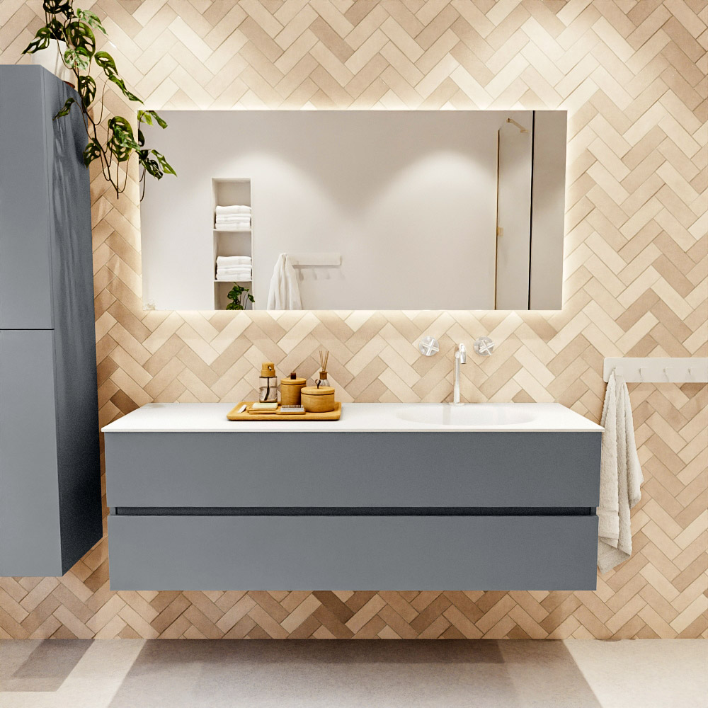 MONDIAZ VICA 150cm mueble de baño Plata 2 cajones. Lavabo MOON Derecho 1 orificio color Talc con espejo LED. 2 MONDIAZ VICA 150cm mueble de baño Plata 2 cajones. Lavabo MOON Derecho 1 orificio color Talc con espejo LED. - Imagen 2