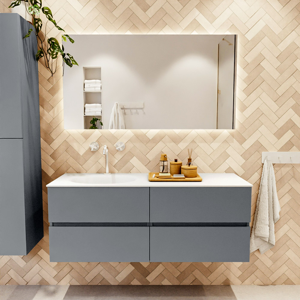 MONDIAZ VICA 130cm mueble de baño Plata 4 cajones. Lavabo MOON Izquierda 1 orificio color Talc con espejo LED. 2 MONDIAZ VICA 130cm mueble de baño Plata 4 cajones. Lavabo MOON Izquierda 1 orificio color Talc con espejo LED. - Imagen 2