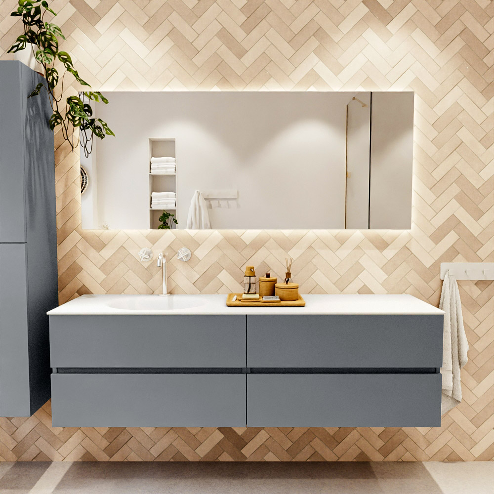 MONDIAZ VICA 170cm mueble de baño Plata 4 cajones. Lavabo MOON Izquierda 1 orificio color Talc con espejo LED. 2 MONDIAZ VICA 170cm mueble de baño Plata 4 cajones. Lavabo MOON Izquierda 1 orificio color Talc con espejo LED. - Imagen 2