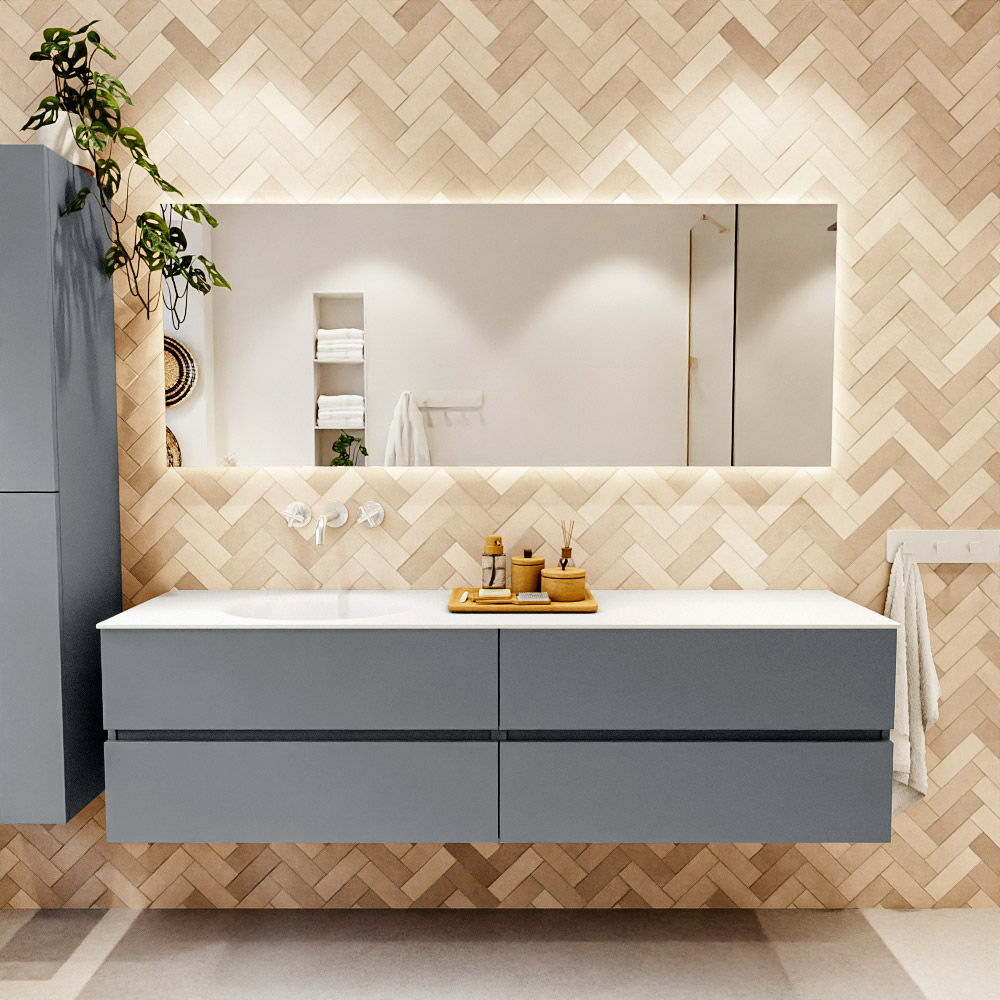 MONDIAZ VICA 180cm mueble de baño Plata 4 cajones. Lavabo MOON Izquierda sin orificio color Talc con espejo LED. 2 MONDIAZ VICA 180cm mueble de baño Plata 4 cajones. Lavabo MOON Izquierda sin orificio color Talc con espejo LED. - Imagen 2