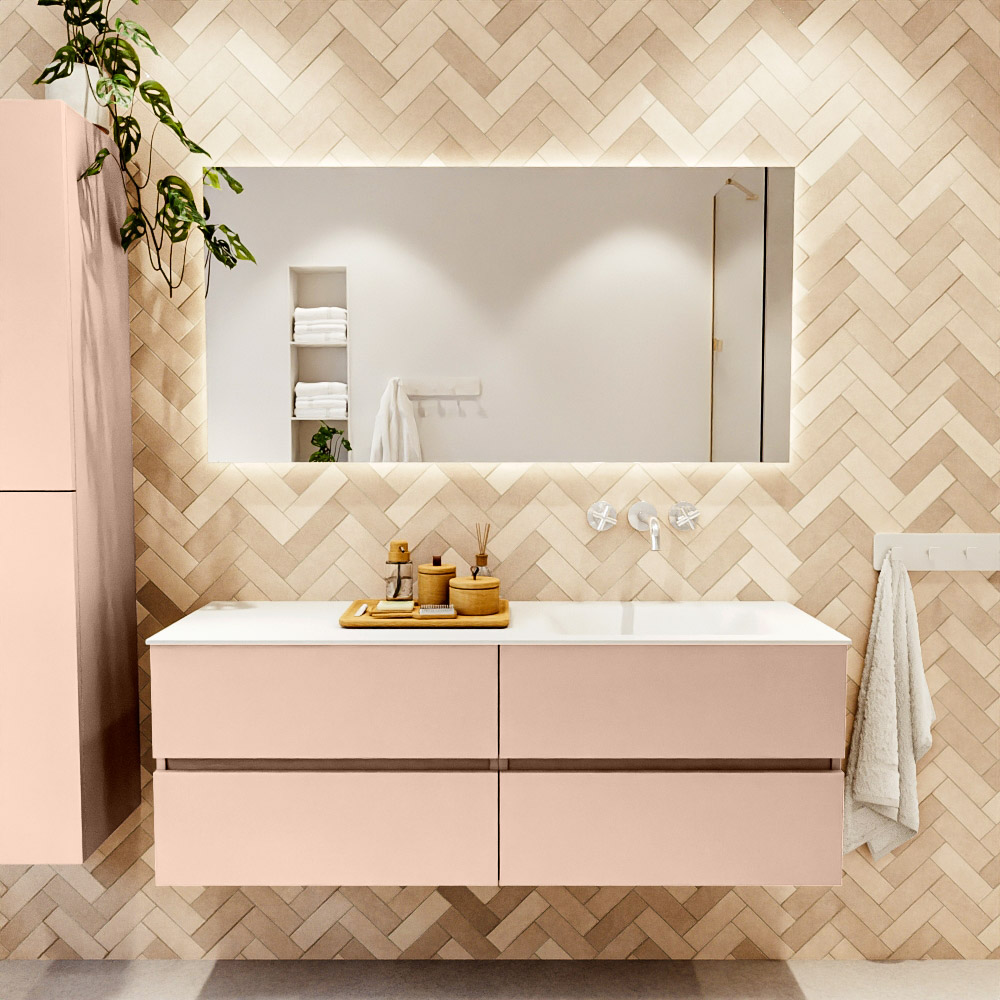 MONDIAZ VICA 140cm mueble de baño Rosee 4 cajones. Lavabo CLOUD Derecho sin orificio color Talc con espejo LED. 2 MONDIAZ VICA 140cm mueble de baño Rosee 4 cajones. Lavabo CLOUD Derecho sin orificio color Talc con espejo LED. - Imagen 2