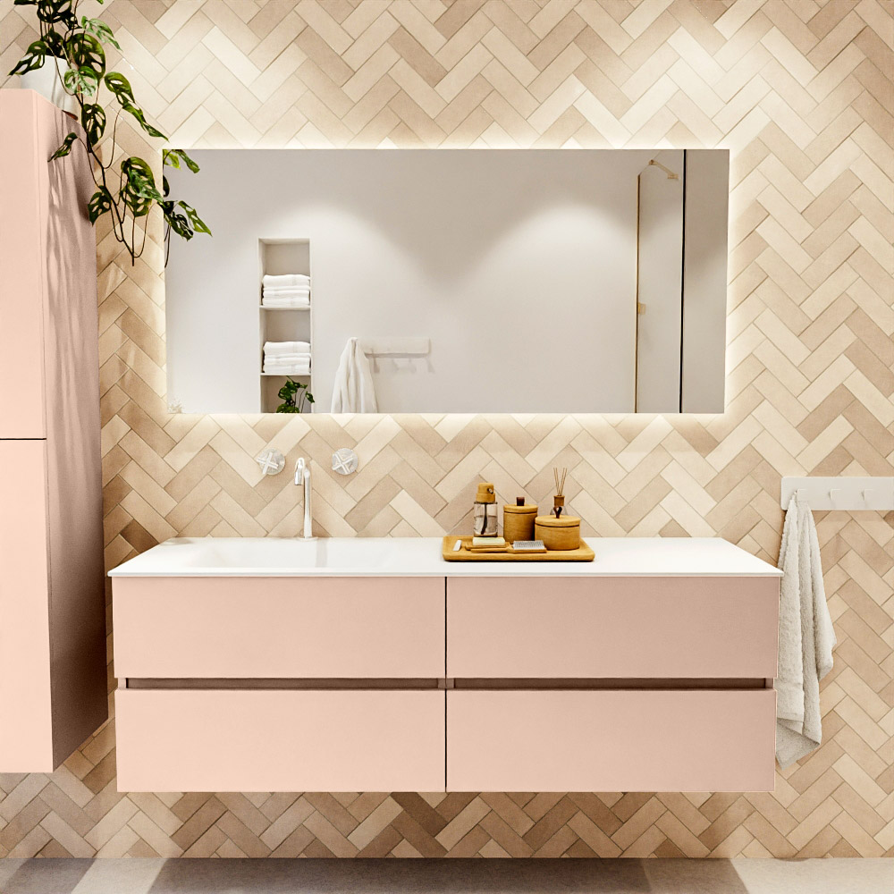 MONDIAZ VICA 150cm mueble de baño Rosee 4 cajones. Lavabo CLOUD Izquierda 1 orificio color Talc con espejo LED. 2 MONDIAZ VICA 150cm mueble de baño Rosee 4 cajones. Lavabo CLOUD Izquierda 1 orificio color Talc con espejo LED. - Imagen 2