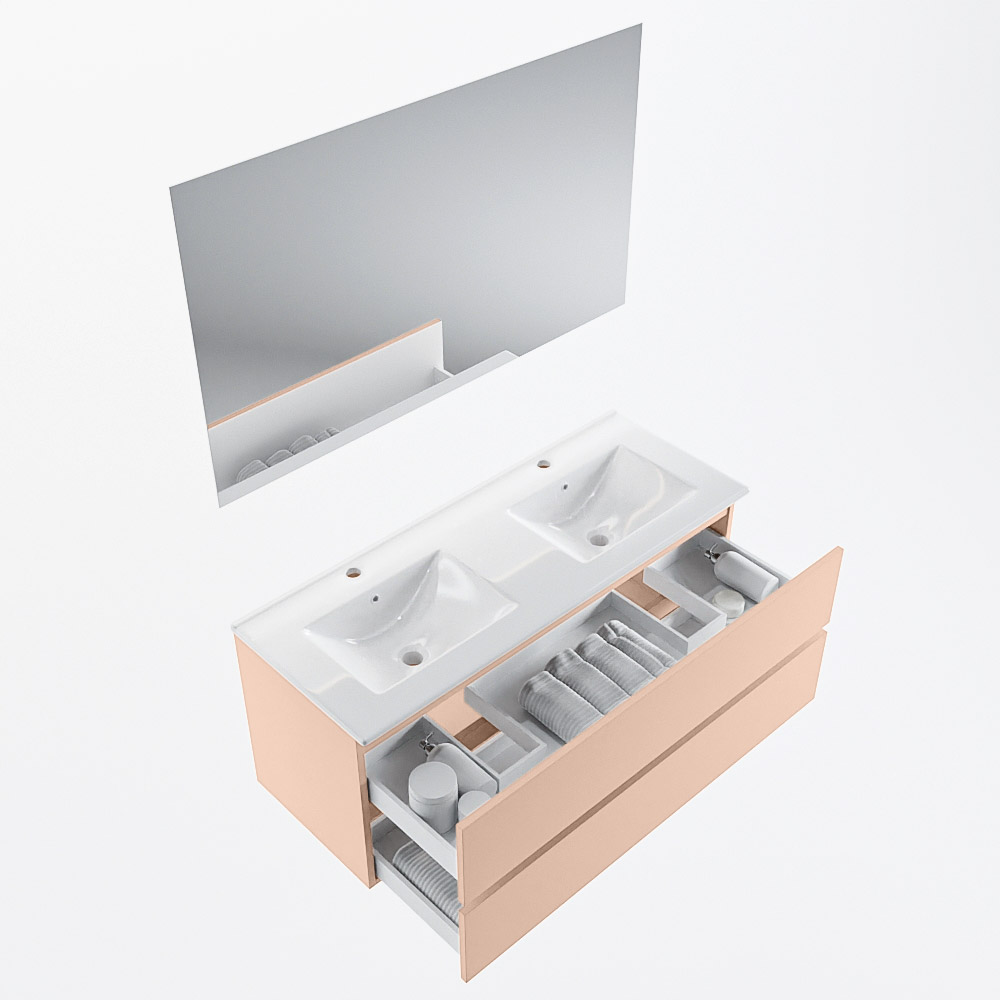 MONDIAZ VICA 120cm mueble de baño Rosee 2 cajones. Lavabo DENIA Doble 2 orificios color Blanco brillo con espejo LED. 7 MONDIAZ VICA 120cm mueble de baño Rosee 2 cajones. Lavabo DENIA Doble 2 orificios color Blanco brillo con espejo LED. - Imagen 7