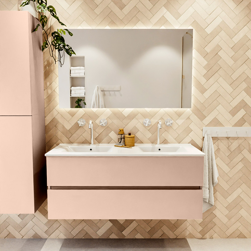 MONDIAZ VICA 120cm mueble de baño Rosee 2 cajones. Lavabo DENIA Doble 2 orificios color Blanco brillo con espejo LED. 2 MONDIAZ VICA 120cm mueble de baño Rosee 2 cajones. Lavabo DENIA Doble 2 orificios color Blanco brillo con espejo LED. - Imagen 2