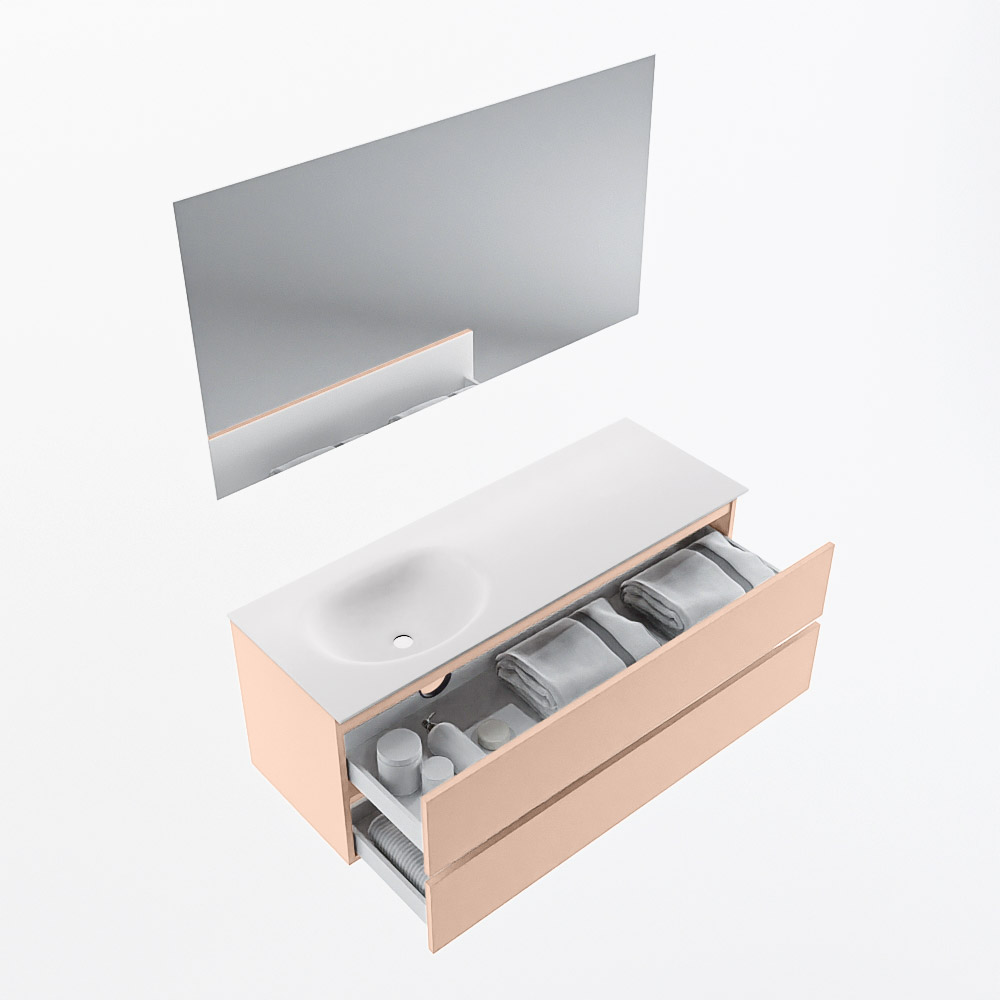 MONDIAZ VICA 130cm mueble de baño Rosee 2 cajones. Lavabo MOON Izquierda sin orificio color Talc con espejo LED. 6 MONDIAZ VICA 130cm mueble de baño Rosee 2 cajones. Lavabo MOON Izquierda sin orificio color Talc con espejo LED. - Imagen 7