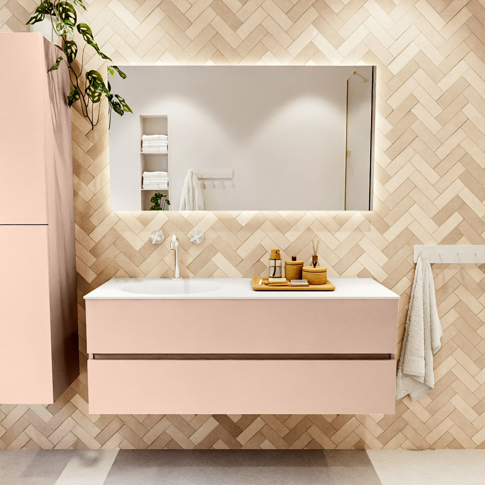 MONDIAZ VICA 130cm mueble de baño Rosee 2 cajones. Lavabo MOON Izquierda 1 orificio color Talc con espejo LED. 2 MONDIAZ VICA 130cm mueble de baño Rosee 2 cajones. Lavabo MOON Izquierda 1 orificio color Talc con espejo LED. - Imagen 2