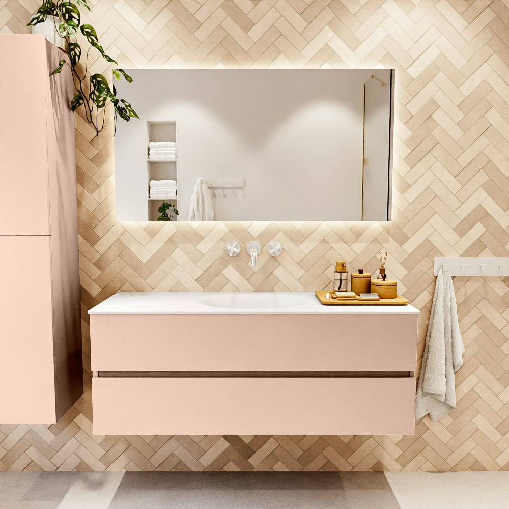 MONDIAZ VICA 130cm mueble de baño Rosee 2 cajones. Lavabo MOON Centro sin orificio color Talc con espejo LED. 2 MONDIAZ VICA 130cm mueble de baño Rosee 2 cajones. Lavabo MOON Centro sin orificio color Talc con espejo LED. - Imagen 2