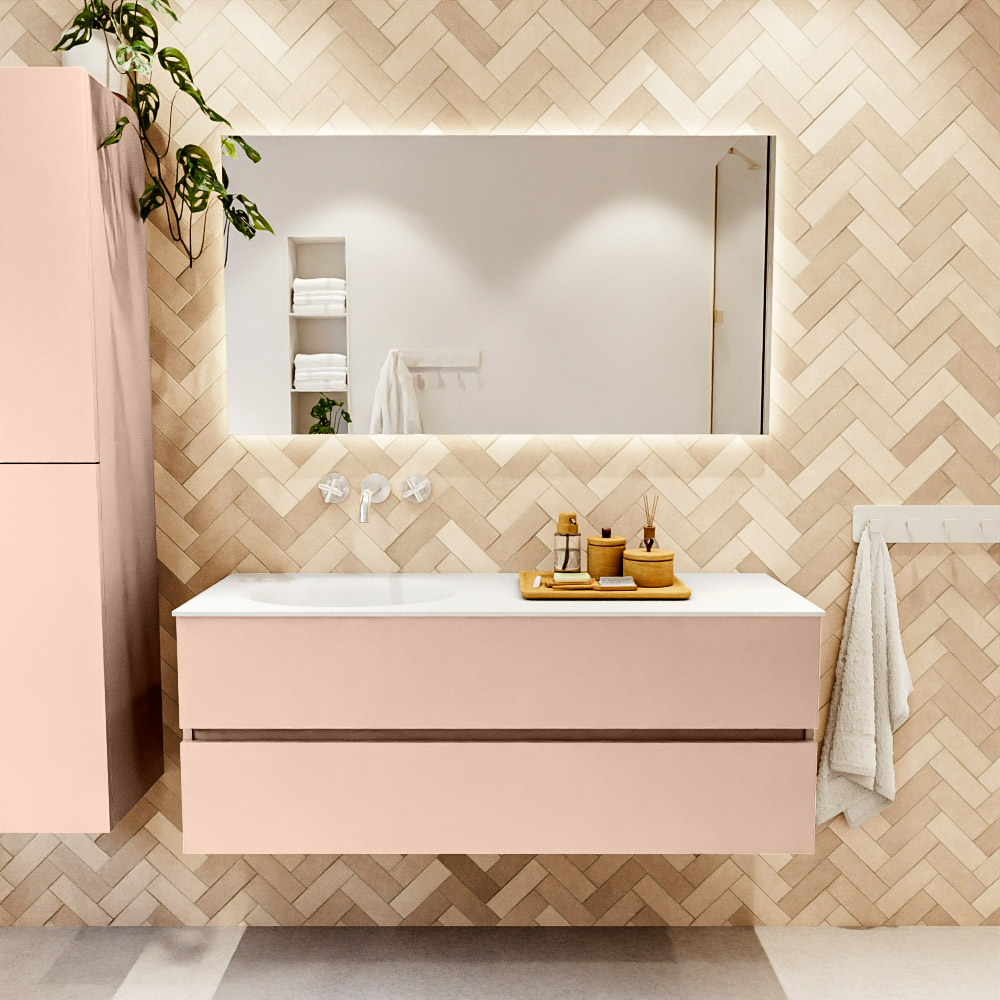 MONDIAZ VICA 130cm mueble de baño Rosee 2 cajones. Lavabo MOON Izquierda sin orificio color Talc con espejo LED. 2 MONDIAZ VICA 130cm mueble de baño Rosee 2 cajones. Lavabo MOON Izquierda sin orificio color Talc con espejo LED. - Imagen 2