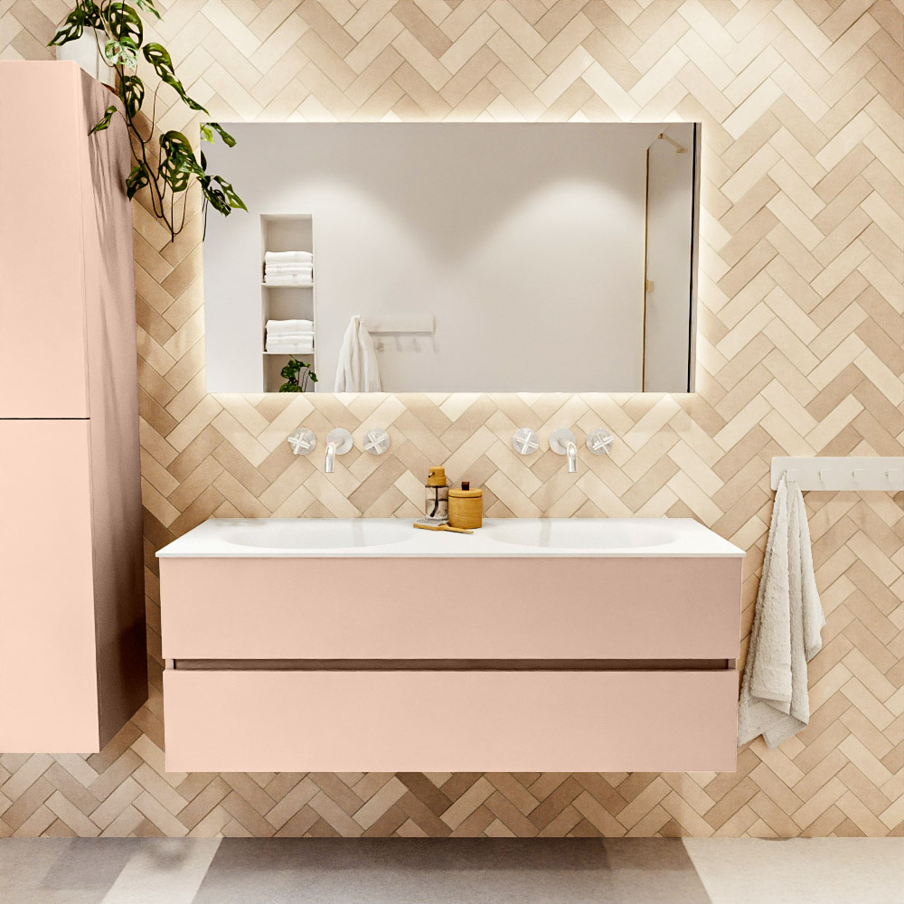 MONDIAZ VICA 130cm mueble de baño Rosee 2 cajones. Lavabo MOON Doble sin orificio color Talc con espejo LED. 2 MONDIAZ VICA 130cm mueble de baño Rosee 2 cajones. Lavabo MOON Doble sin orificio color Talc con espejo LED. - Imagen 2