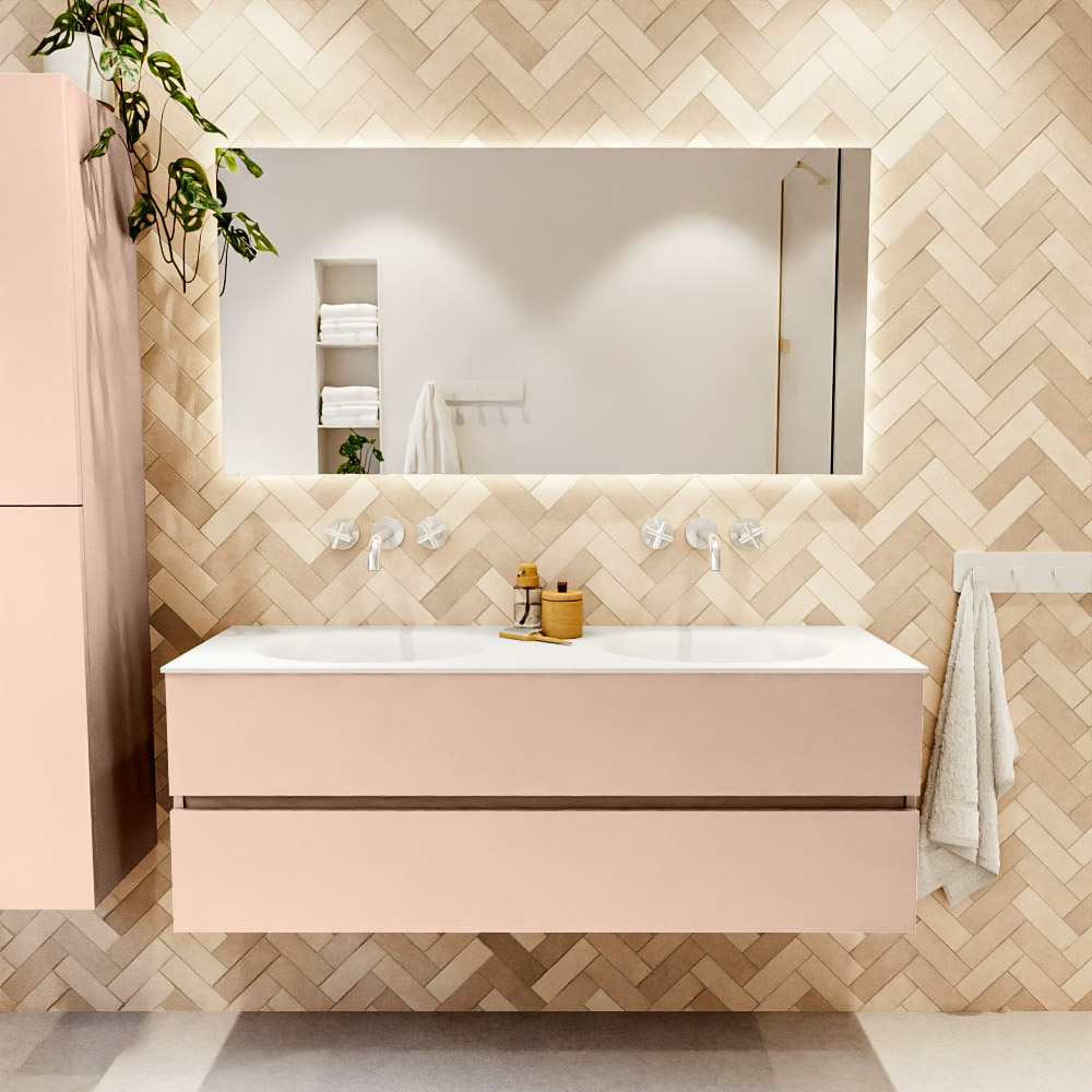 MONDIAZ VICA 140cm mueble de baño Rosee 2 cajones. Lavabo MOON Doble sin orificio color Talc con espejo LED. 2 MONDIAZ VICA 140cm mueble de baño Rosee 2 cajones. Lavabo MOON Doble sin orificio color Talc con espejo LED. - Imagen 2