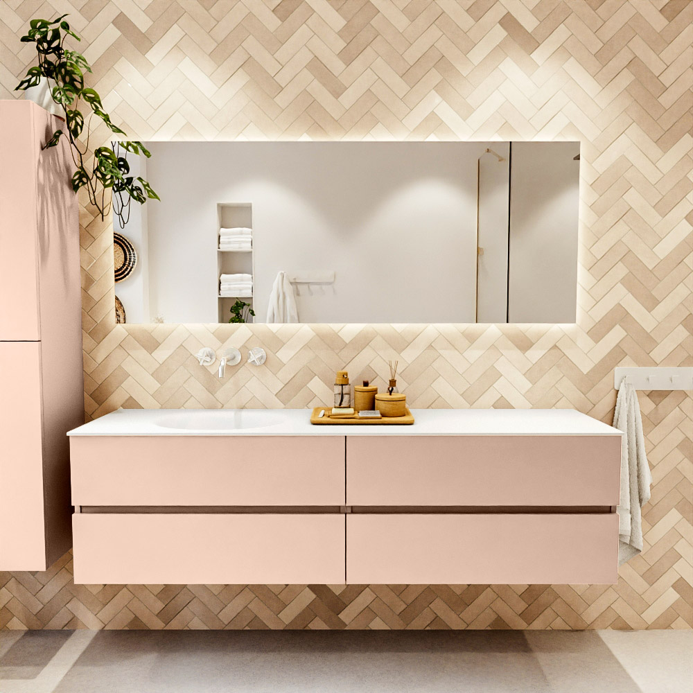 MONDIAZ VICA 180cm mueble de baño Rosee 4 cajones. Lavabo MOON Izquierda sin orificio color Talc con espejo LED. 2 MONDIAZ VICA 180cm mueble de baño Rosee 4 cajones. Lavabo MOON Izquierda sin orificio color Talc con espejo LED. - Imagen 2
