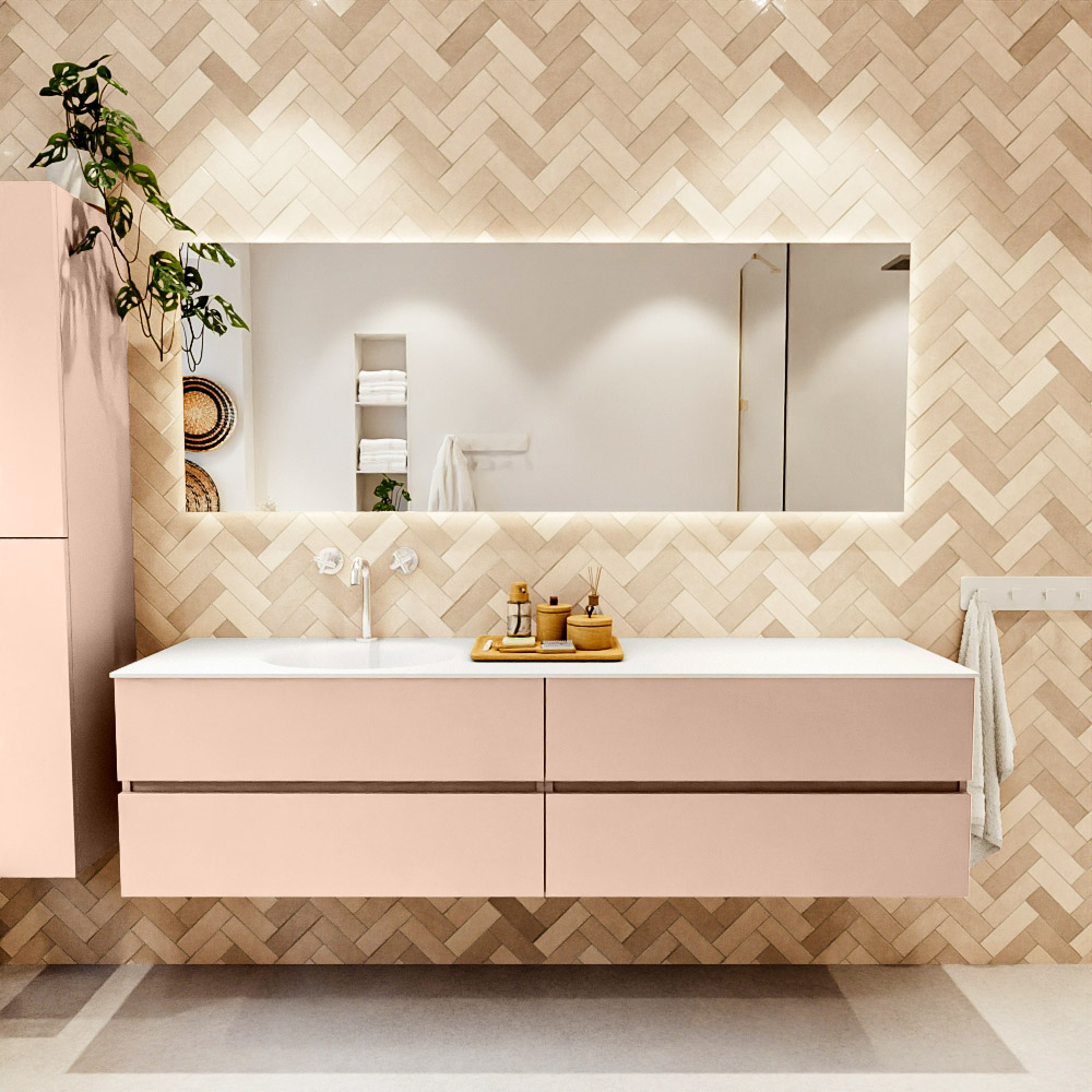 MONDIAZ VICA 190cm mueble de baño Rosee 4 cajones. Lavabo MOON Izquierda 1 orificio color Talc con espejo LED. 2 MONDIAZ VICA 190cm mueble de baño Rosee 4 cajones. Lavabo MOON Izquierda 1 orificio color Talc con espejo LED. - Imagen 2