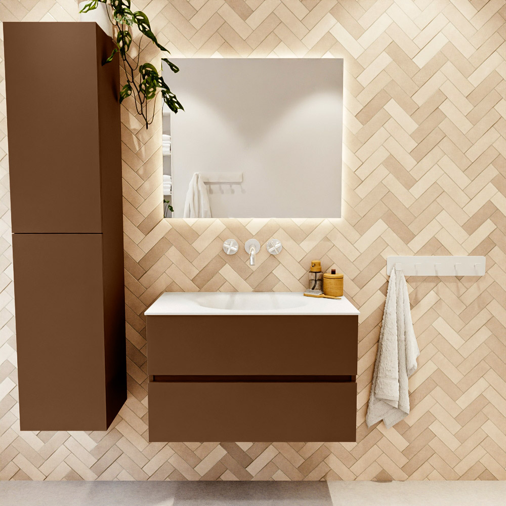 MONDIAZ VICA 80cm mueble de baño Rust 2 cajones. Lavabo MOON Centro sin orificio color Talc con espejo LED. 2 MONDIAZ VICA 80cm mueble de baño Rust 2 cajones. Lavabo MOON Centro sin orificio color Talc con espejo LED. - Imagen 2