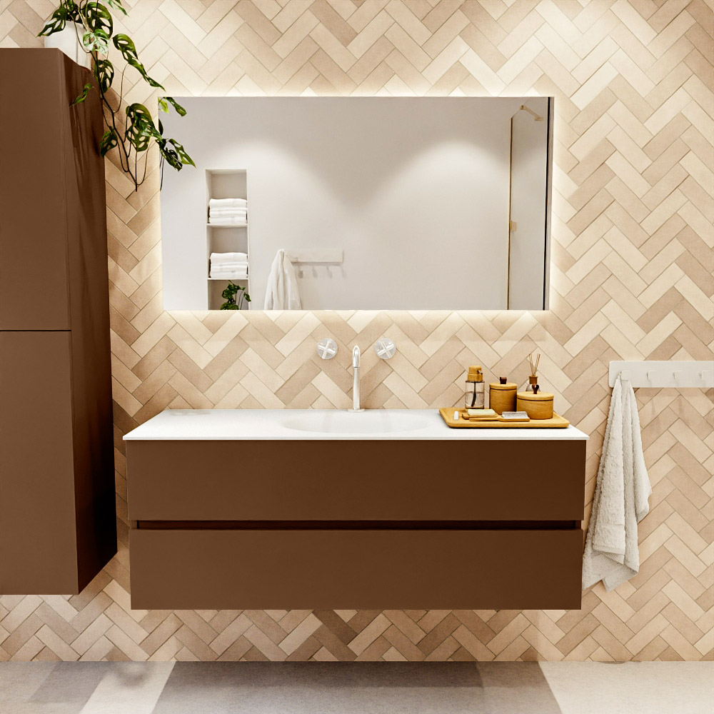 MONDIAZ VICA 130cm mueble de baño Rust 2 cajones. Lavabo MOON Centro 1 orificio color Talc con espejo LED. 2 MONDIAZ VICA 130cm mueble de baño Rust 2 cajones. Lavabo MOON Centro 1 orificio color Talc con espejo LED. - Imagen 2