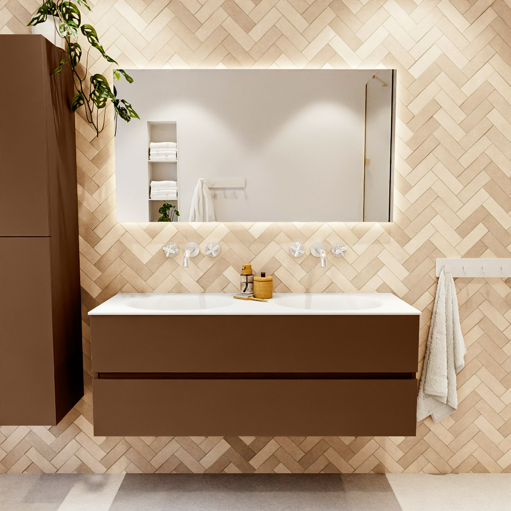 MONDIAZ VICA 130cm mueble de baño Rust 2 cajones. Lavabo MOON Doble sin orificio color Talc con espejo LED. 2 MONDIAZ VICA 130cm mueble de baño Rust 2 cajones. Lavabo MOON Doble sin orificio color Talc con espejo LED. - Imagen 2