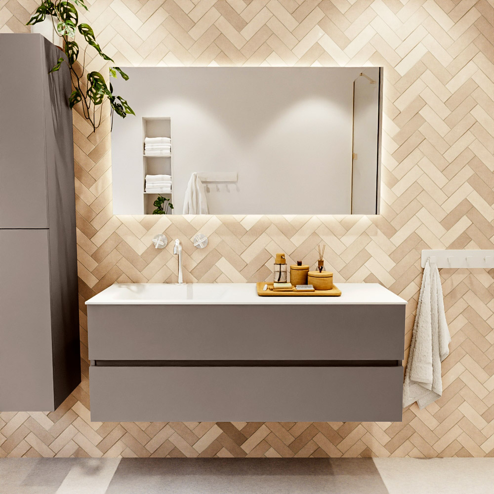 MONDIAZ VICA 130cm mueble de baño Smoke 2 cajones. Lavabo CLOUD Izquierda 1 orificio color Talc con espejo LED. 2 MONDIAZ VICA 130cm mueble de baño Smoke 2 cajones. Lavabo CLOUD Izquierda 1 orificio color Talc con espejo LED. - Imagen 2