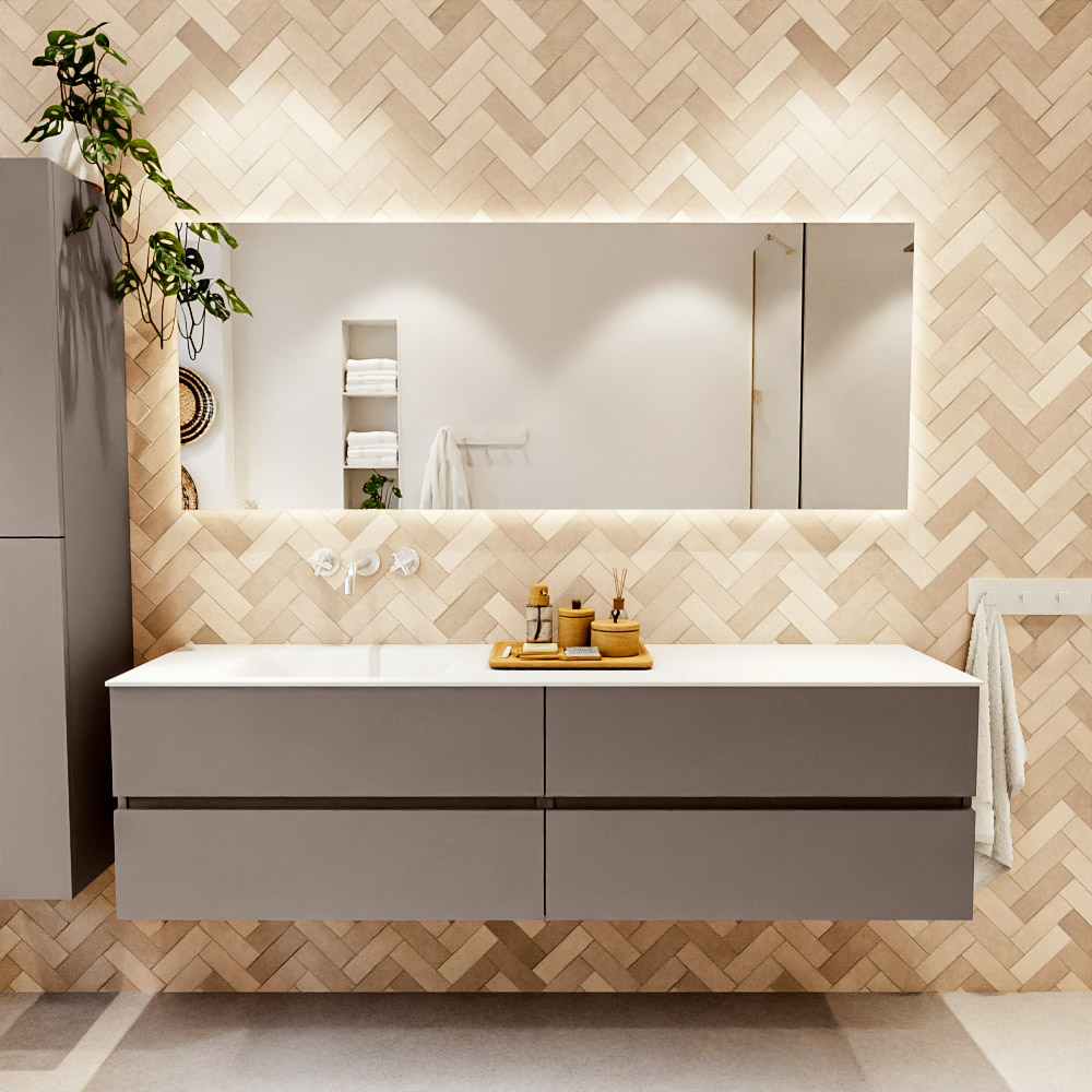 MONDIAZ VICA 180cm mueble de baño Smoke 4 cajones. Lavabo CLOUD Izquierda sin orificio color Talc con espejo LED. 2 MONDIAZ VICA 180cm mueble de baño Smoke 4 cajones. Lavabo CLOUD Izquierda sin orificio color Talc con espejo LED. - Imagen 2