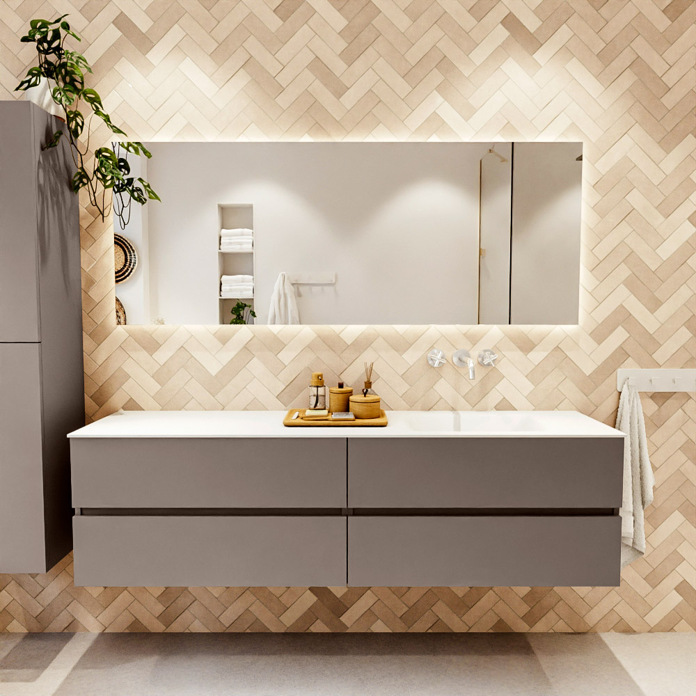 MONDIAZ VICA 180cm mueble de baño Smoke 4 cajones. Lavabo CLOUD Derecho sin orificio color Talc con espejo LED. 2 MONDIAZ VICA 180cm mueble de baño Smoke 4 cajones. Lavabo CLOUD Derecho sin orificio color Talc con espejo LED. - Imagen 2