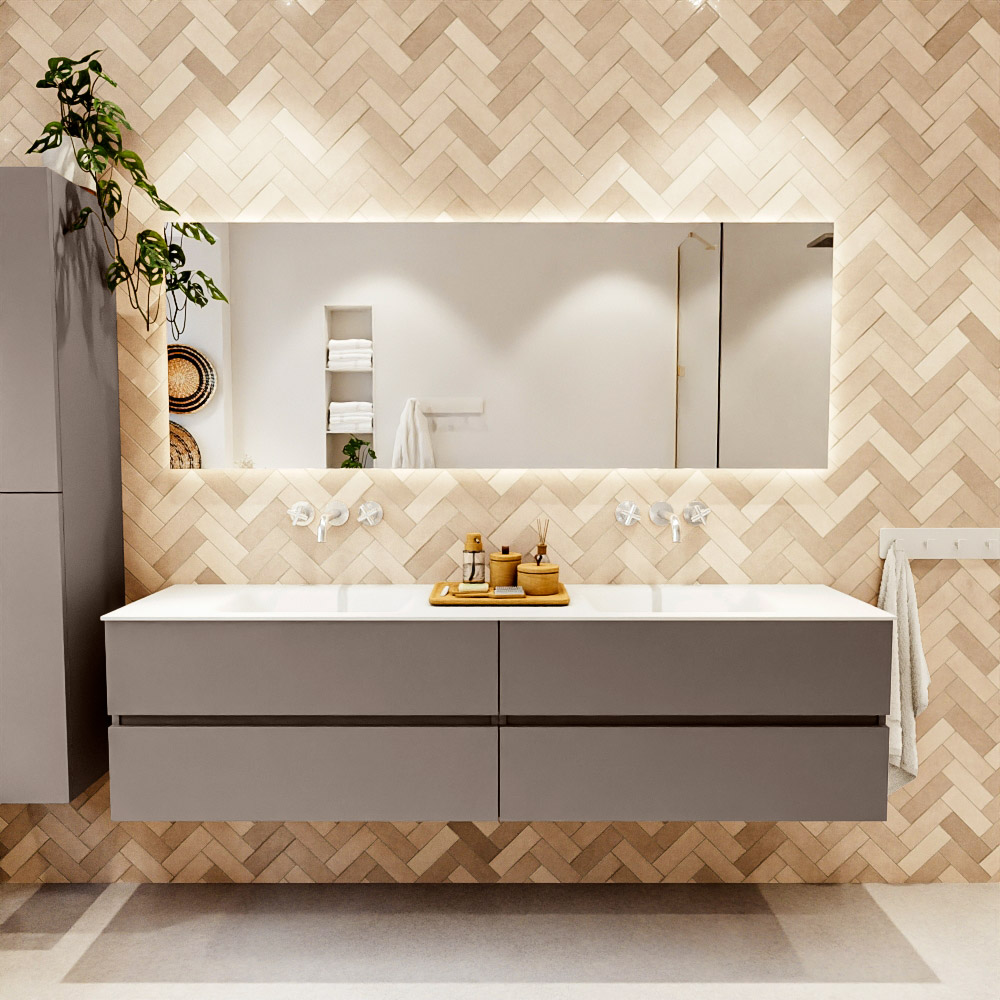 MONDIAZ VICA 190cm mueble de baño Smoke 4 cajones. Lavabo CLOUD Doble sin orificio color Talc con espejo LED. 2 MONDIAZ VICA 190cm mueble de baño Smoke 4 cajones. Lavabo CLOUD Doble sin orificio color Talc con espejo LED. - Imagen 2