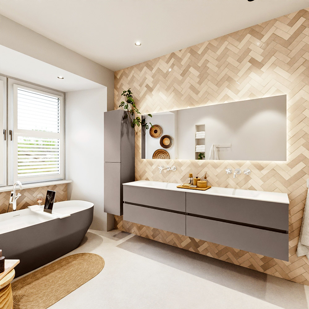 MONDIAZ VICA 190cm mueble de baño Smoke 4 cajones. Lavabo CLOUD Doble sin orificio color Talc con espejo LED. 4 MONDIAZ VICA 190cm mueble de baño Smoke 4 cajones. Lavabo CLOUD Doble sin orificio color Talc con espejo LED. - Imagen 4