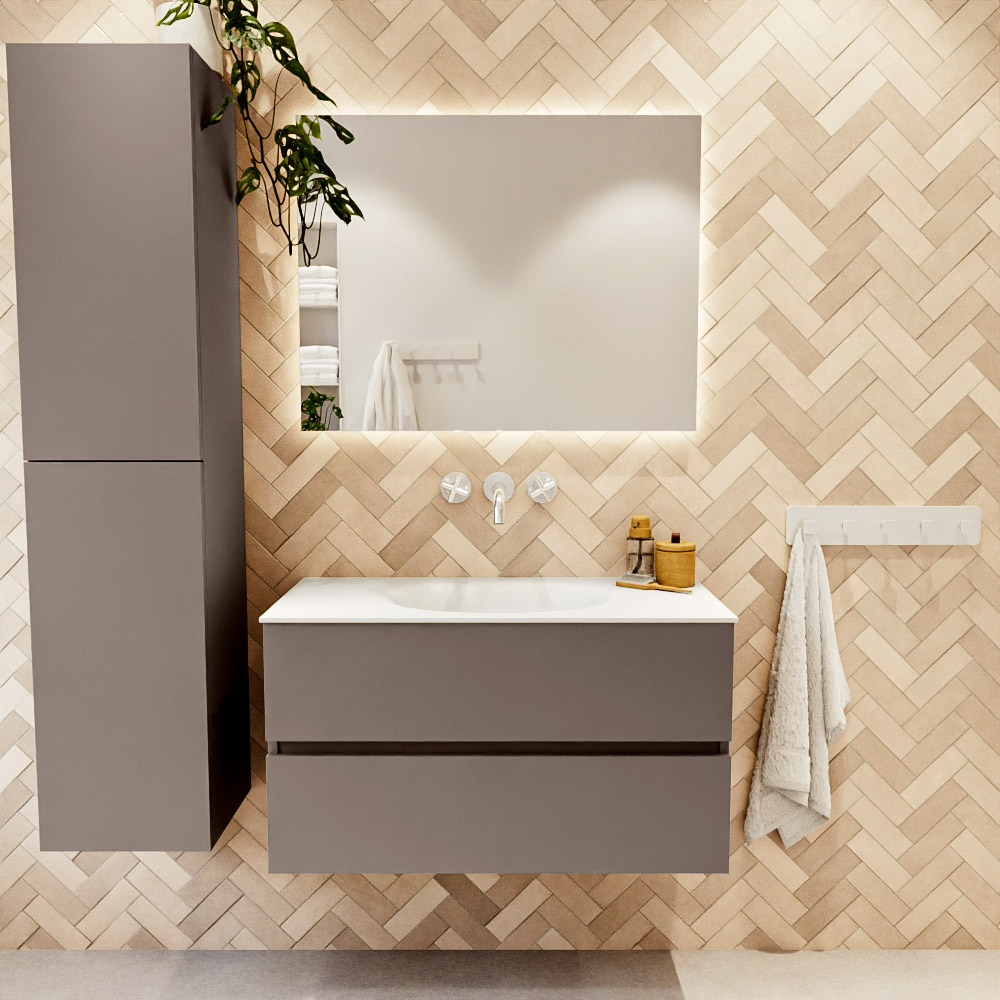 MONDIAZ VICA 90cm mueble de baño Smoke 2 cajones. Lavabo MOON Centro sin orificio color Talc con espejo LED. 2 MONDIAZ VICA 90cm mueble de baño Smoke 2 cajones. Lavabo MOON Centro sin orificio color Talc con espejo LED. - Imagen 2