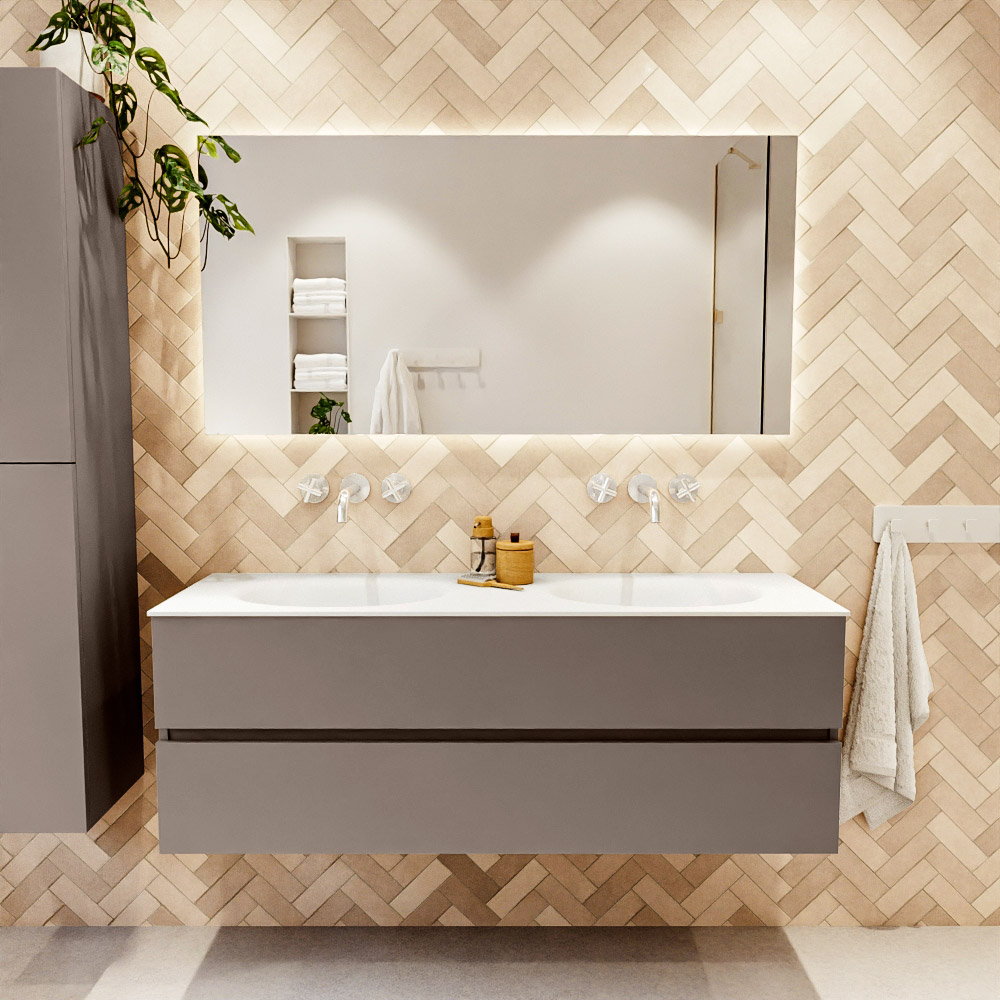 MONDIAZ VICA 140cm mueble de baño Smoke 2 cajones. Lavabo MOON Doble sin orificio color Talc con espejo LED. 2 MONDIAZ VICA 140cm mueble de baño Smoke 2 cajones. Lavabo MOON Doble sin orificio color Talc con espejo LED. - Imagen 2