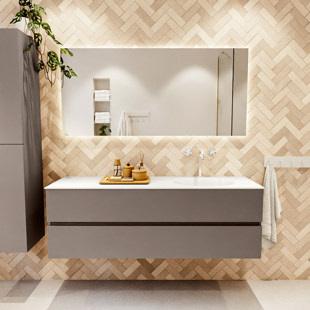 MONDIAZ VICA 150cm mueble de baño Smoke 2 cajones. Lavabo MOON Derecho 1 orificio color Talc con espejo LED. 2 MONDIAZ VICA 150cm mueble de baño Smoke 2 cajones. Lavabo MOON Derecho 1 orificio color Talc con espejo LED. - Imagen 2