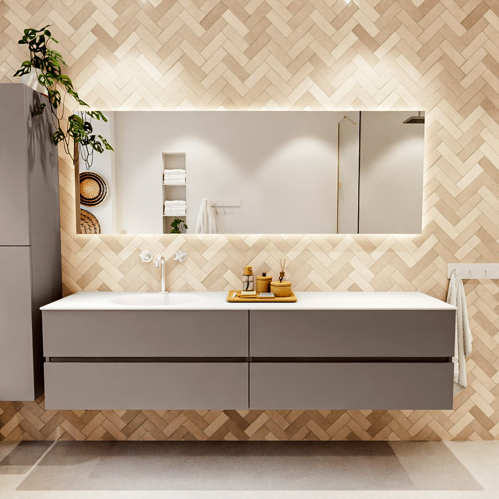 MONDIAZ VICA 200cm mueble de baño Smoke 4 cajones. Lavabo MOON Izquierda 1 orificio color Talc con espejo LED. 2 MONDIAZ VICA 200cm mueble de baño Smoke 4 cajones. Lavabo MOON Izquierda 1 orificio color Talc con espejo LED. - Imagen 2
