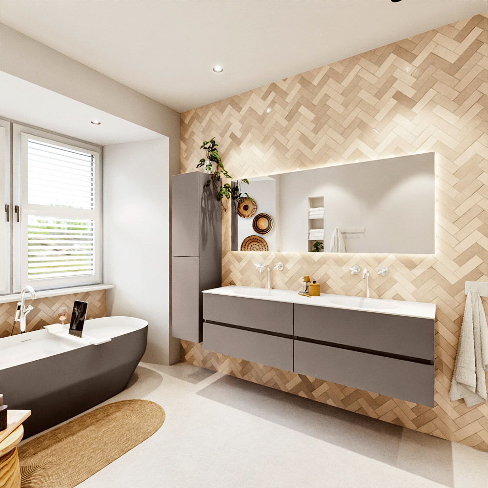 MONDIAZ VICA 170cm mueble de baño Smoke 4 cajones. Lavabo MOON Doble 2 orificios color Talc con espejo LED. 4 MONDIAZ VICA 170cm mueble de baño Smoke 4 cajones. Lavabo MOON Doble 2 orificios color Talc con espejo LED. - Imagen 4