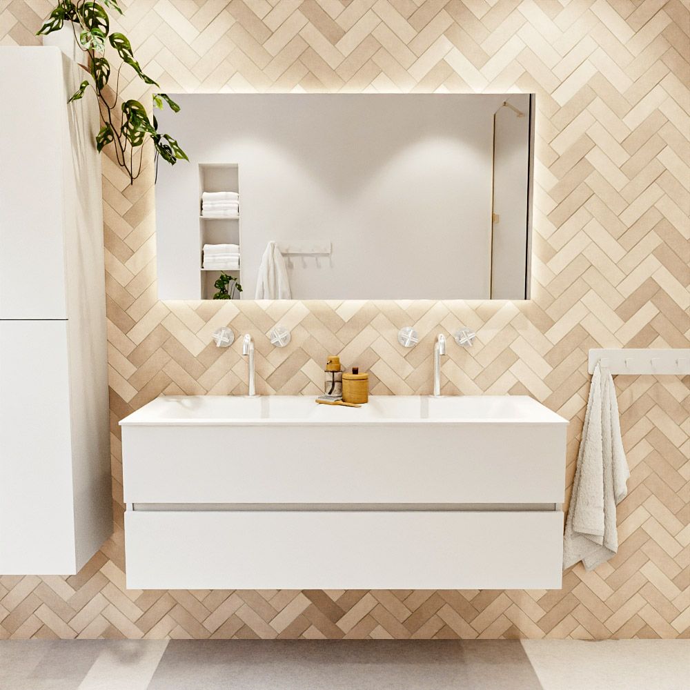 MONDIAZ VICA 130cm mueble de baño Talc 2 cajones. Lavabo CLOUD Doble 2 orificios color Talc con espejo LED. 2 MONDIAZ VICA 130cm mueble de baño Talc 2 cajones. Lavabo CLOUD Doble 2 orificios color Talc con espejo LED. - Imagen 2