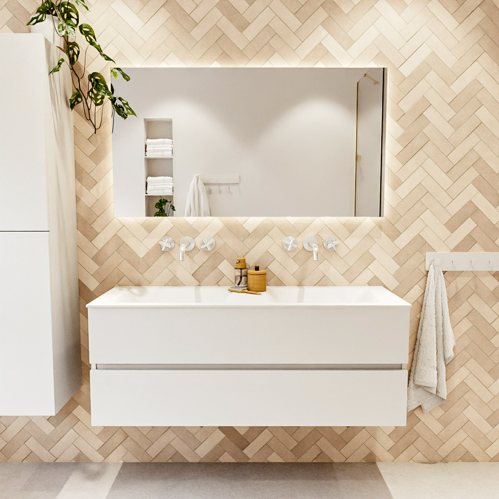 MONDIAZ VICA 130cm mueble de baño Talc 2 cajones. Lavabo CLOUD Doble sin orificio color Talc con espejo LED. 2 MONDIAZ VICA 130cm mueble de baño Talc 2 cajones. Lavabo CLOUD Doble sin orificio color Talc con espejo LED. - Imagen 2