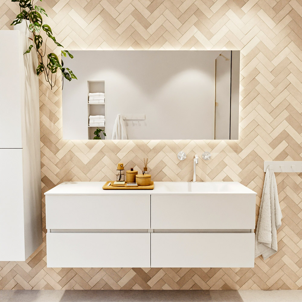 MONDIAZ VICA 140cm mueble de baño Talc 4 cajones. Lavabo CLOUD Derecho 1 orificio color Talc con espejo LED. 2 MONDIAZ VICA 140cm mueble de baño Talc 4 cajones. Lavabo CLOUD Derecho 1 orificio color Talc con espejo LED. - Imagen 2