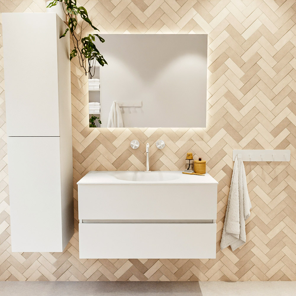 MONDIAZ VICA 90cm mueble de baño Talc 2 cajones. Lavabo MOON Centro 1 orificio color Talc con espejo LED. 2 MONDIAZ VICA 90cm mueble de baño Talc 2 cajones. Lavabo MOON Centro 1 orificio color Talc con espejo LED. - Imagen 2
