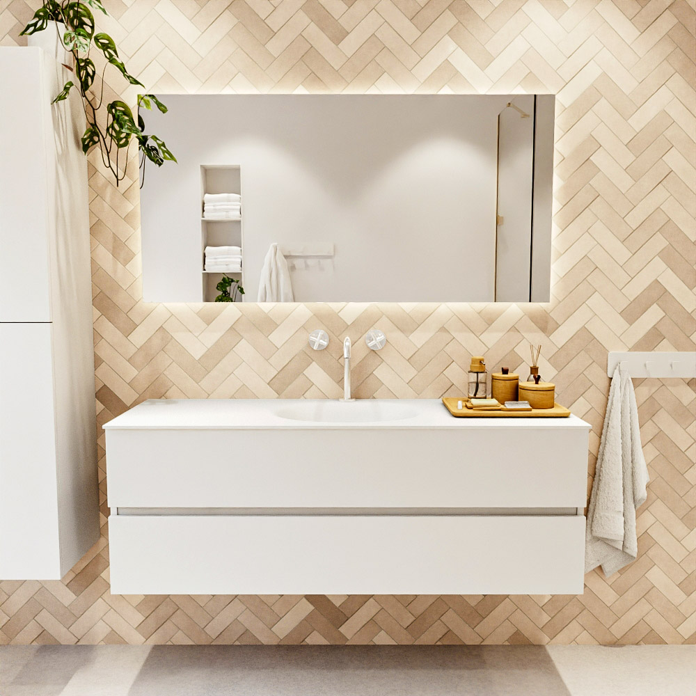 MONDIAZ VICA 140cm mueble de baño Talc 2 cajones. Lavabo MOON Centro 1 orificio color Talc con espejo LED. 2 MONDIAZ VICA 140cm mueble de baño Talc 2 cajones. Lavabo MOON Centro 1 orificio color Talc con espejo LED. - Imagen 2