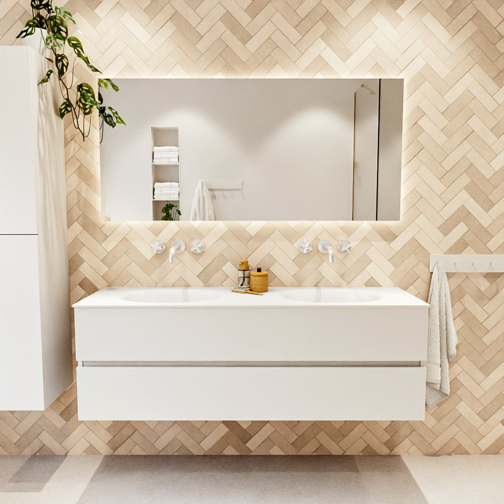 MONDIAZ VICA 150cm mueble de baño Talc 2 cajones. Lavabo MOON Doble sin orificio color Talc con espejo LED. 2 MONDIAZ VICA 150cm mueble de baño Talc 2 cajones. Lavabo MOON Doble sin orificio color Talc con espejo LED. - Imagen 2