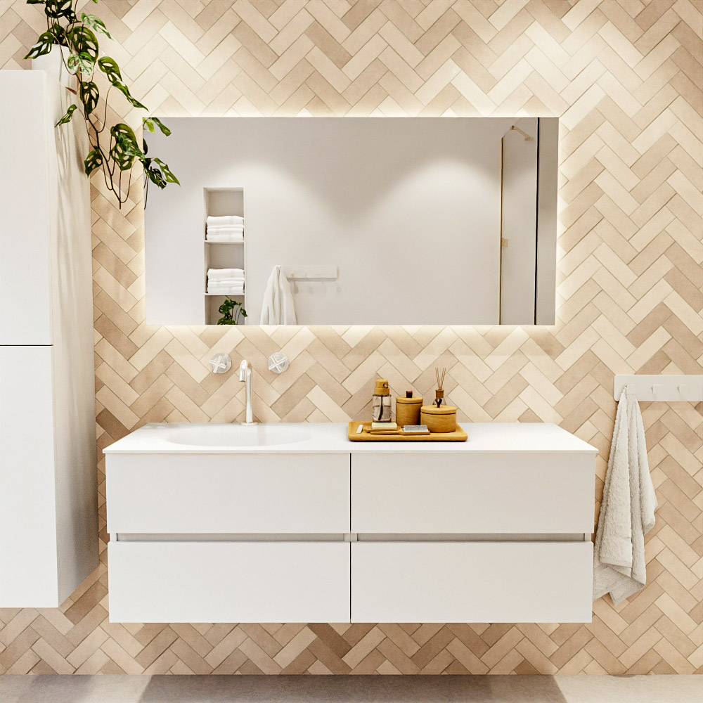 MONDIAZ VICA 140cm mueble de baño Talc 4 cajones. Lavabo MOON Izquierda 1 orificio color Talc con espejo LED. 2 MONDIAZ VICA 140cm mueble de baño Talc 4 cajones. Lavabo MOON Izquierda 1 orificio color Talc con espejo LED. - Imagen 2