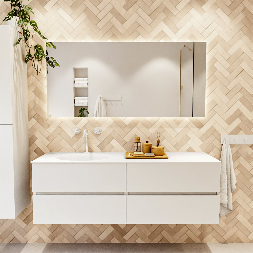MONDIAZ VICA 150cm mueble de baño Talc 4 cajones. Lavabo MOON Izquierda 1 orificio color Talc con espejo LED. 2 MONDIAZ VICA 150cm mueble de baño Talc 4 cajones. Lavabo MOON Izquierda 1 orificio color Talc con espejo LED. - Imagen 2