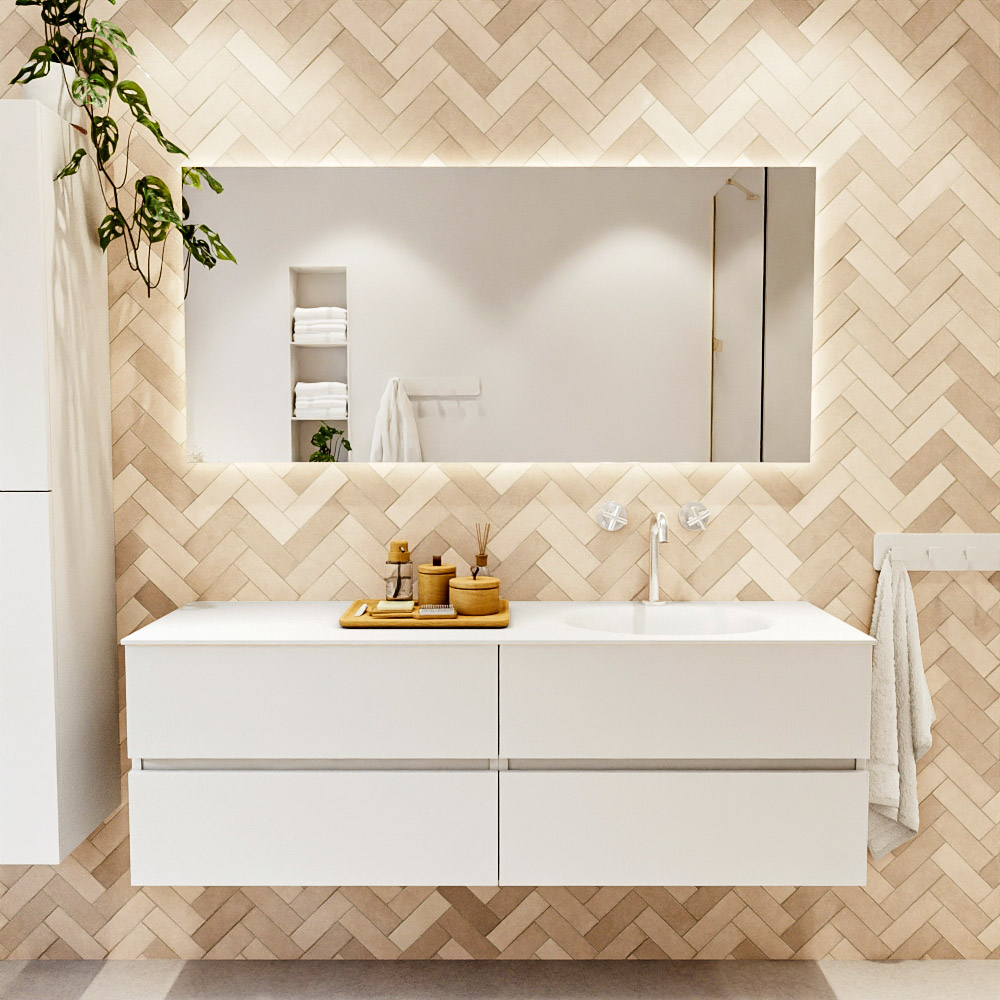 MONDIAZ VICA 150cm mueble de baño Talc 4 cajones. Lavabo MOON Derecho 1 orificio color Talc con espejo LED. 2 MONDIAZ VICA 150cm mueble de baño Talc 4 cajones. Lavabo MOON Derecho 1 orificio color Talc con espejo LED. - Imagen 2