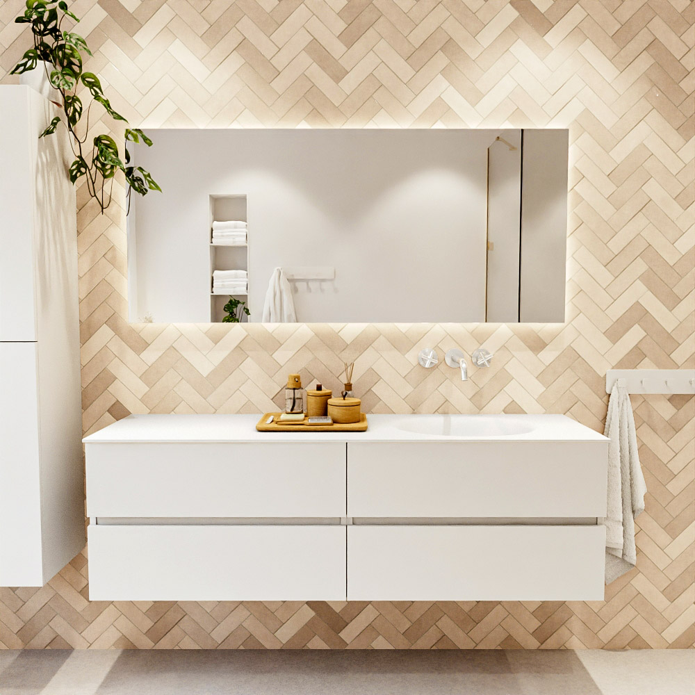 MONDIAZ VICA 160cm mueble de baño Talc 4 cajones. Lavabo MOON Derecho sin orificio color Talc con espejo LED. 2 MONDIAZ VICA 160cm mueble de baño Talc 4 cajones. Lavabo MOON Derecho sin orificio color Talc con espejo LED. - Imagen 2